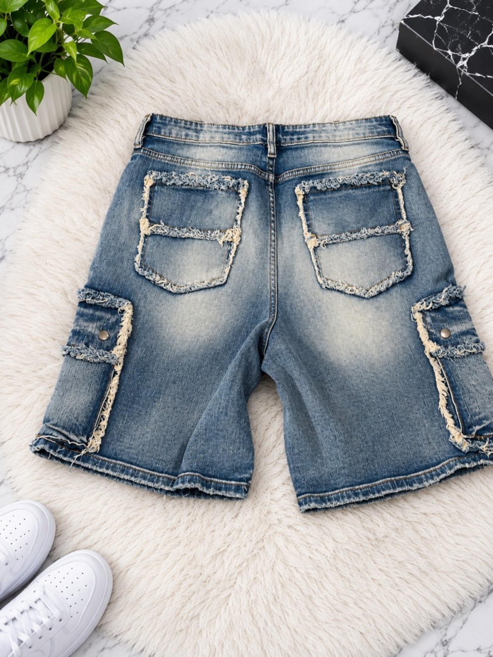 Denim Cargo Shorts - Distressed Blue Jean Shorts - Picture 2 of 2